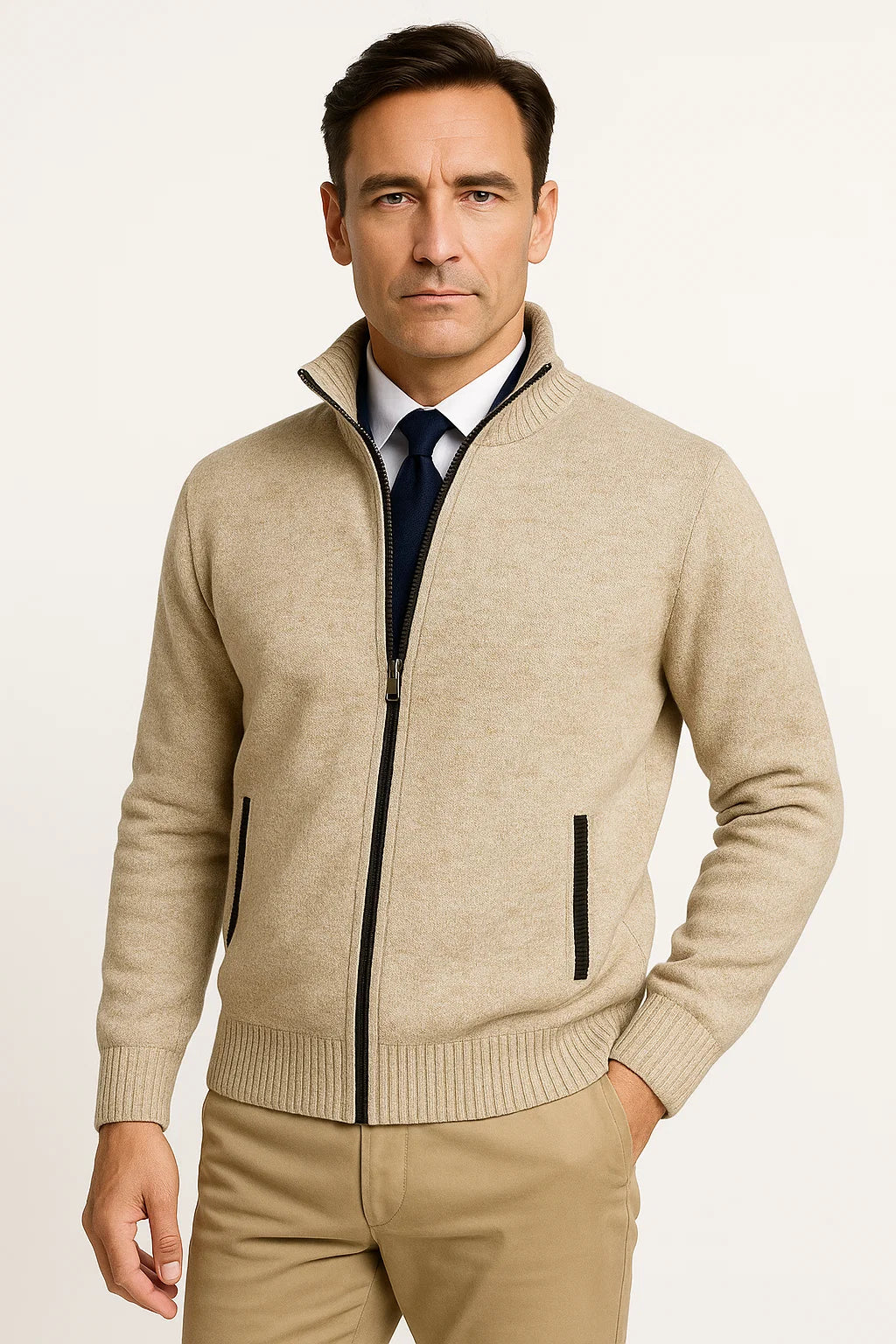 Vollzip Strickjacke | Stehkragen | Feine Rippstruktur