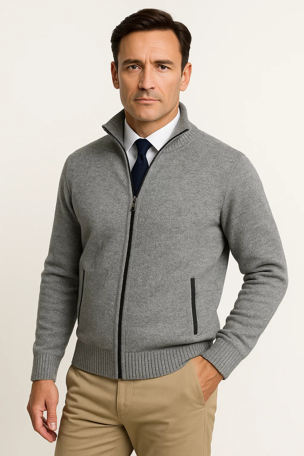 Vollzip Strickjacke | Stehkragen | Feine Rippstruktur