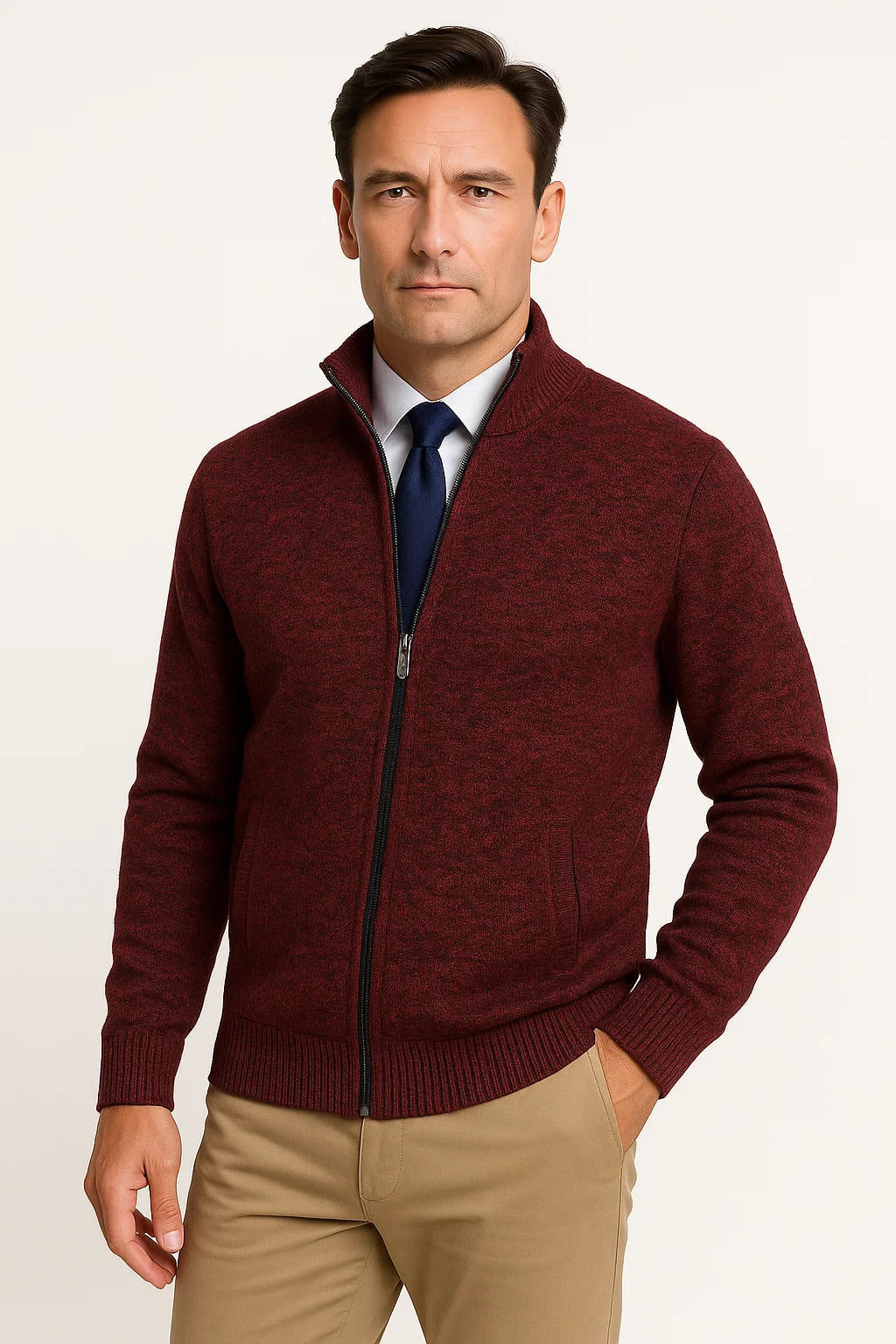 Vollzip Strickjacke | Stehkragen | Feine Rippstruktur