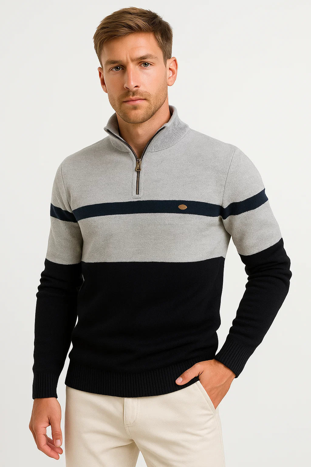 Halb-Reißverschluss Strickpullover | Farbblock Streifen Design