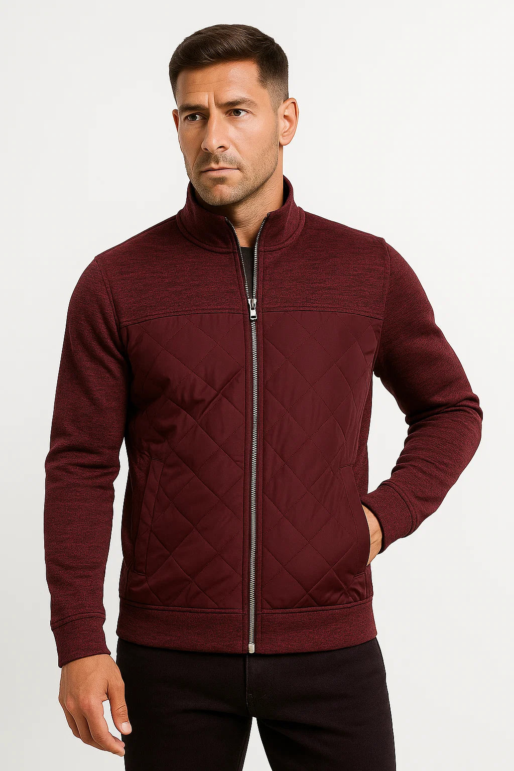 Gequiltete Strickjacke | Stehkragen Reißverschluss