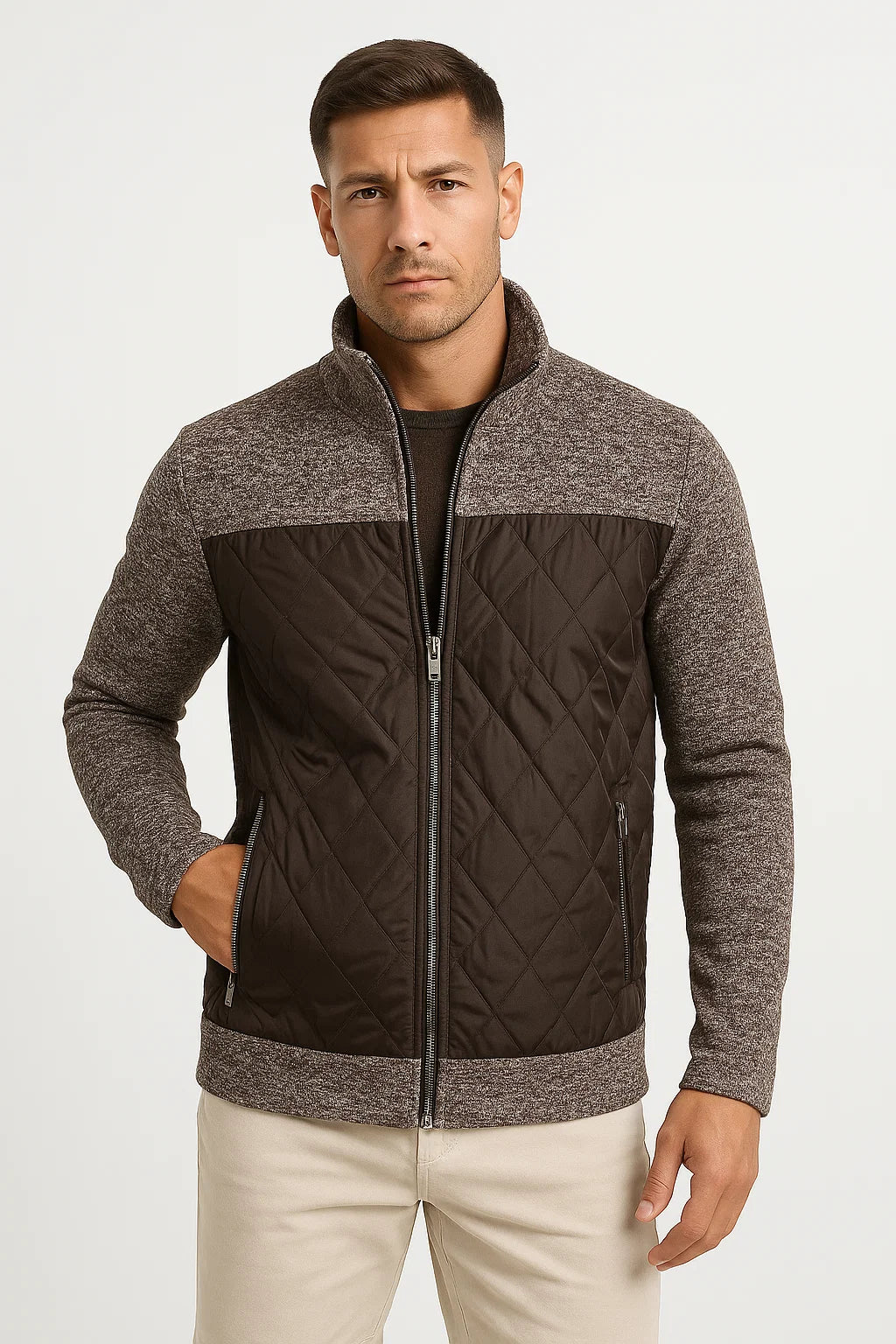 Gequiltete Strickjacke | Stehkragen Reißverschluss
