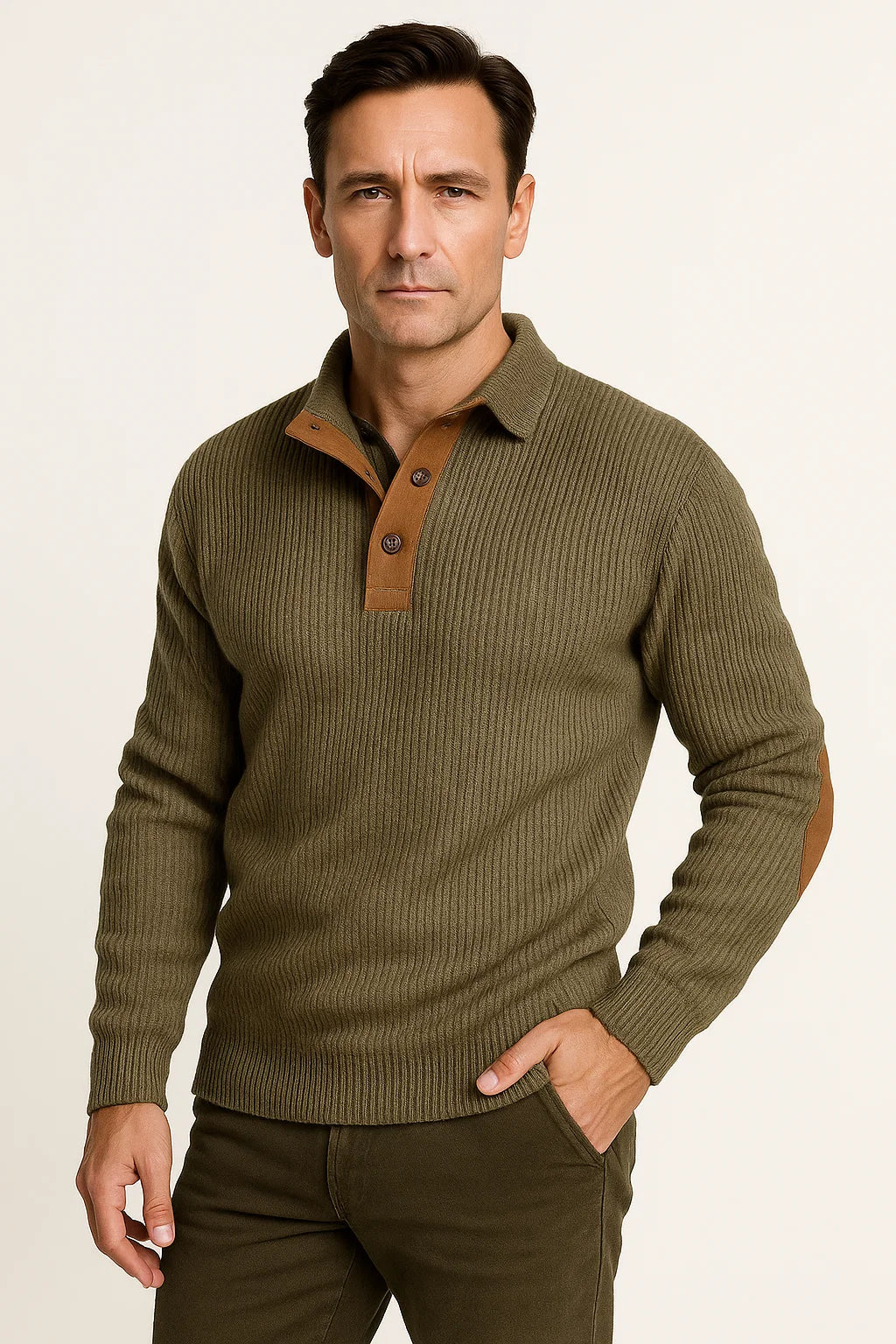 Rippstrickpullover | Knopfausschnitt & Wildleder-Ärmelflicken