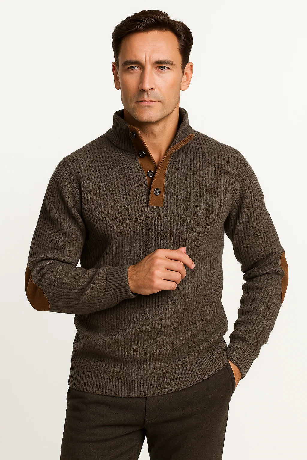 Rippstrickpullover | Knopfausschnitt & Wildleder-Ärmelflicken